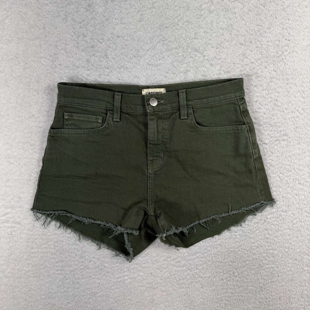 L'Agence Shorts Womens 26 (W28.5) Aubrey Mid Rise Frayed Hem Denim Green